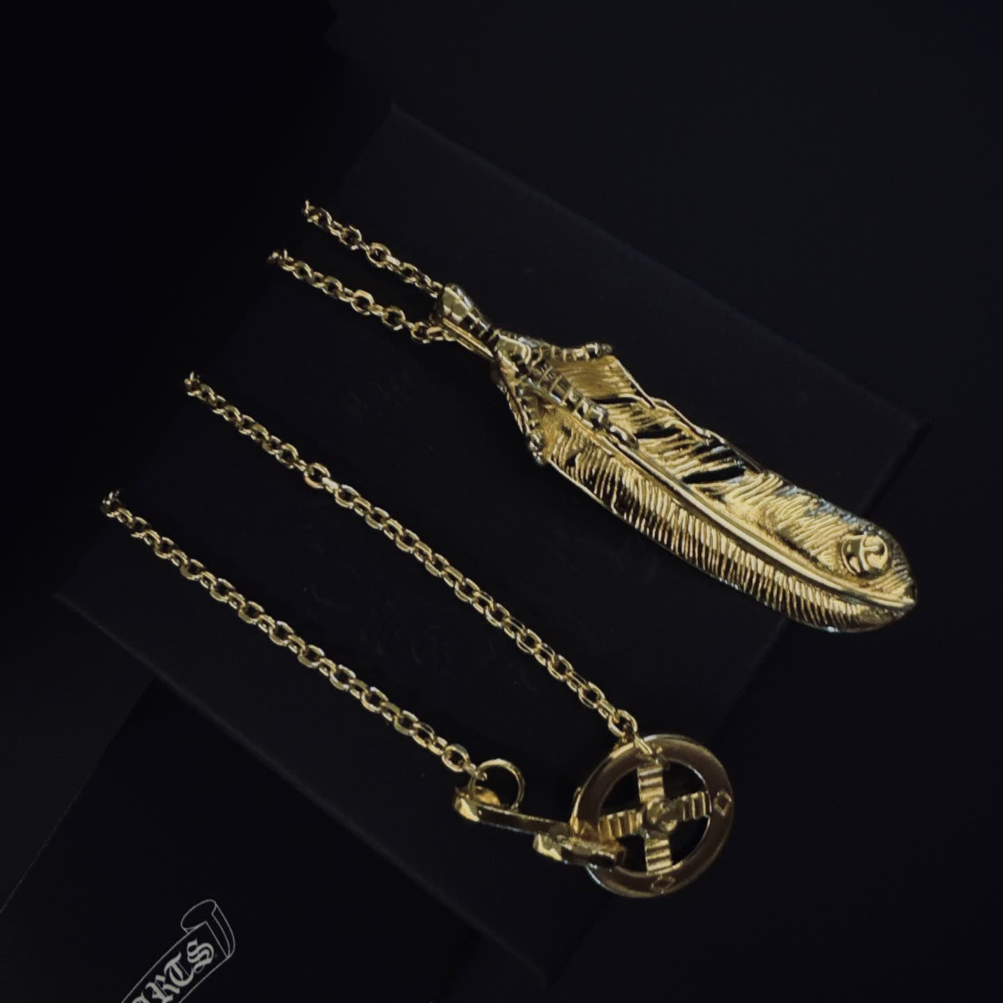 Chrome Hearts Gold Feather and Cross Pendant Necklace